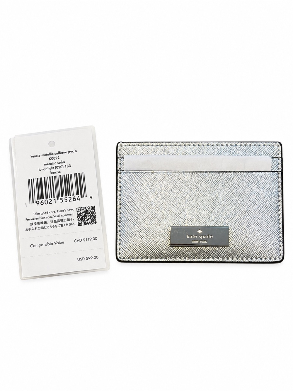 Kate Spade New York Silver Metallic Leather Card Holder Wallet Gift Box